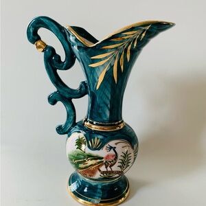 Vintage Peacock Bird Ceramic Pottery Pitcher Hand Painted By Hubert Bequet